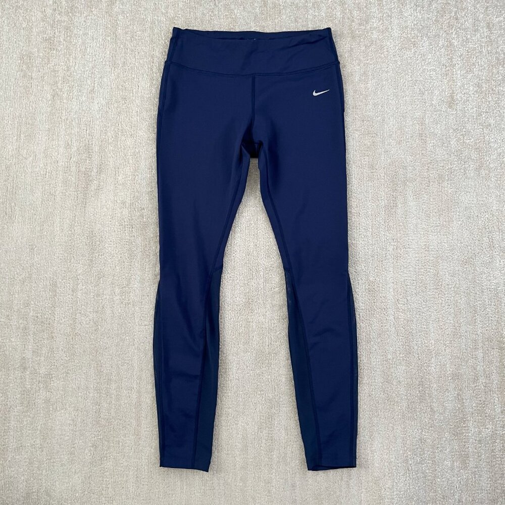 Nike Dri Fit Epic Lux Blue Running Leggings Tights L Mesh Panels
